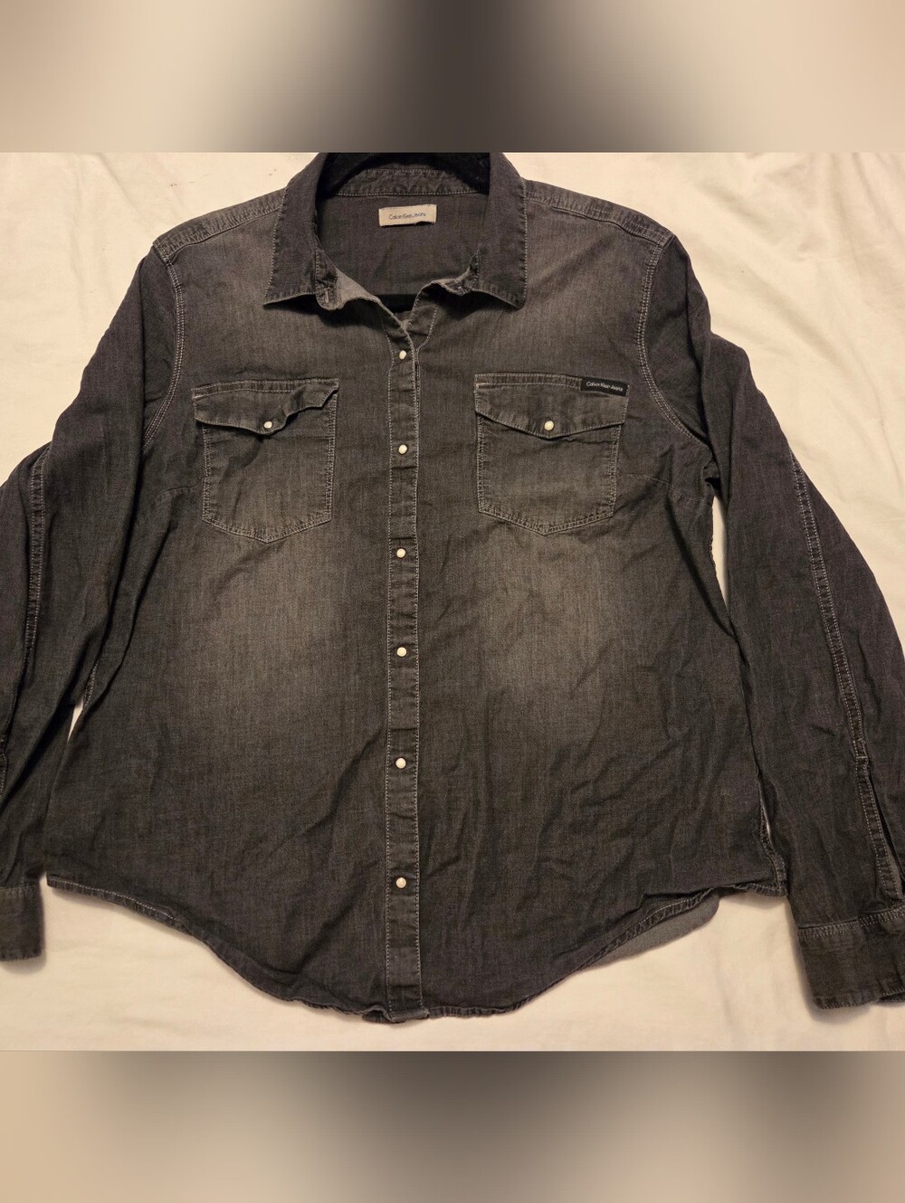 Calvin Klein Jeans Shirt Women Medium Black Denim Pearl Snap Shirttail Western